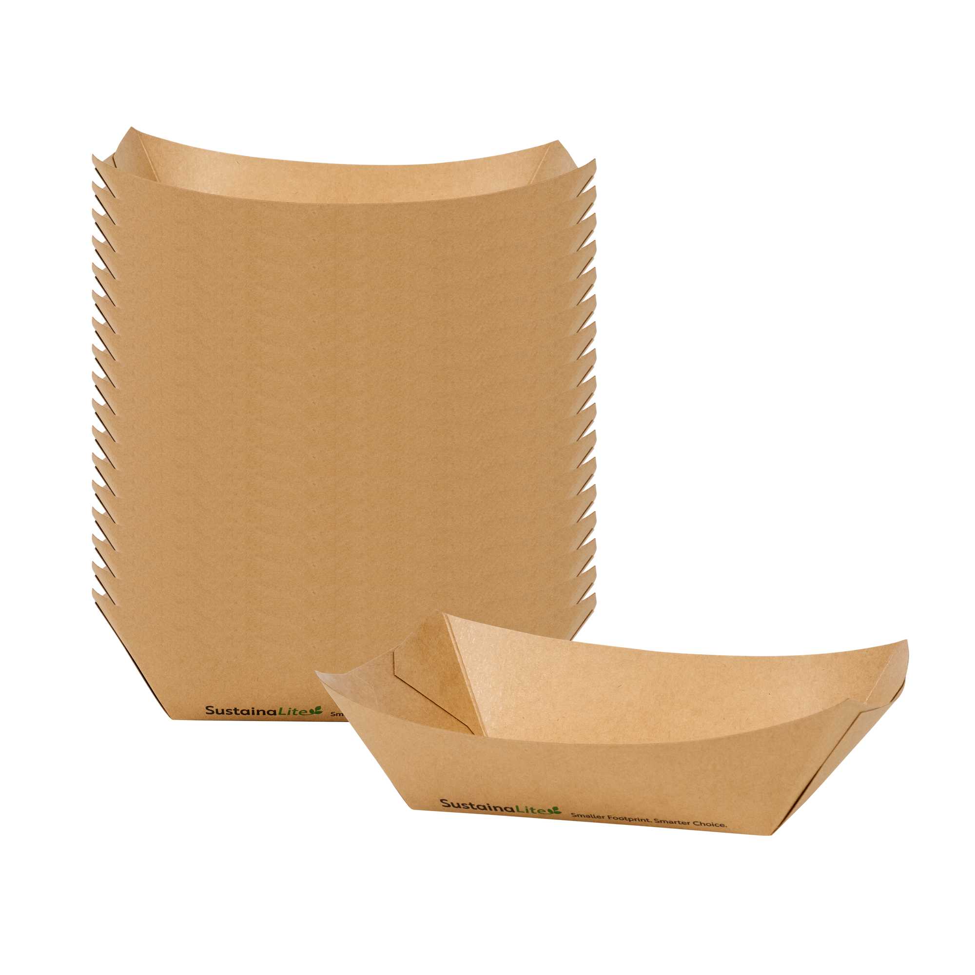 SustainaLite 1 1/2 lb #300 Kraft Paper Food Tray / Boat - with PE Lining - 5 1/2" x 3 1/2" x 2 1/4" - 250 count box