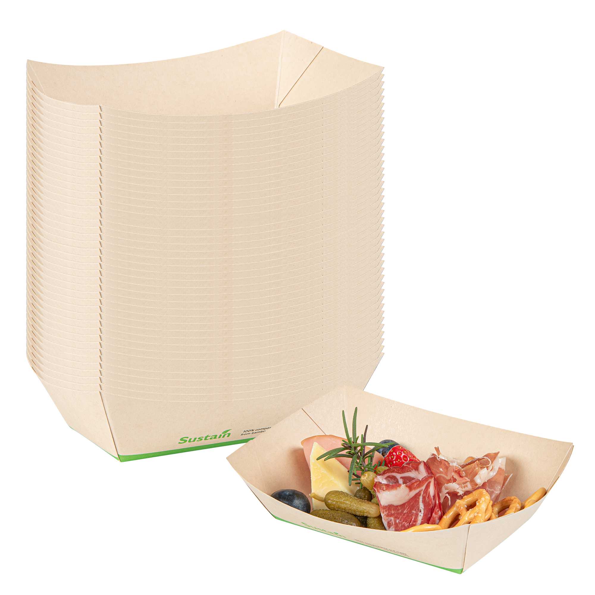 Sustain 1 lb Bamboo Paper #200 Food Tray / Boat - with PLA Lining, Compostable - 7 1/4" x 5 3/4" x 2" - 200 count box