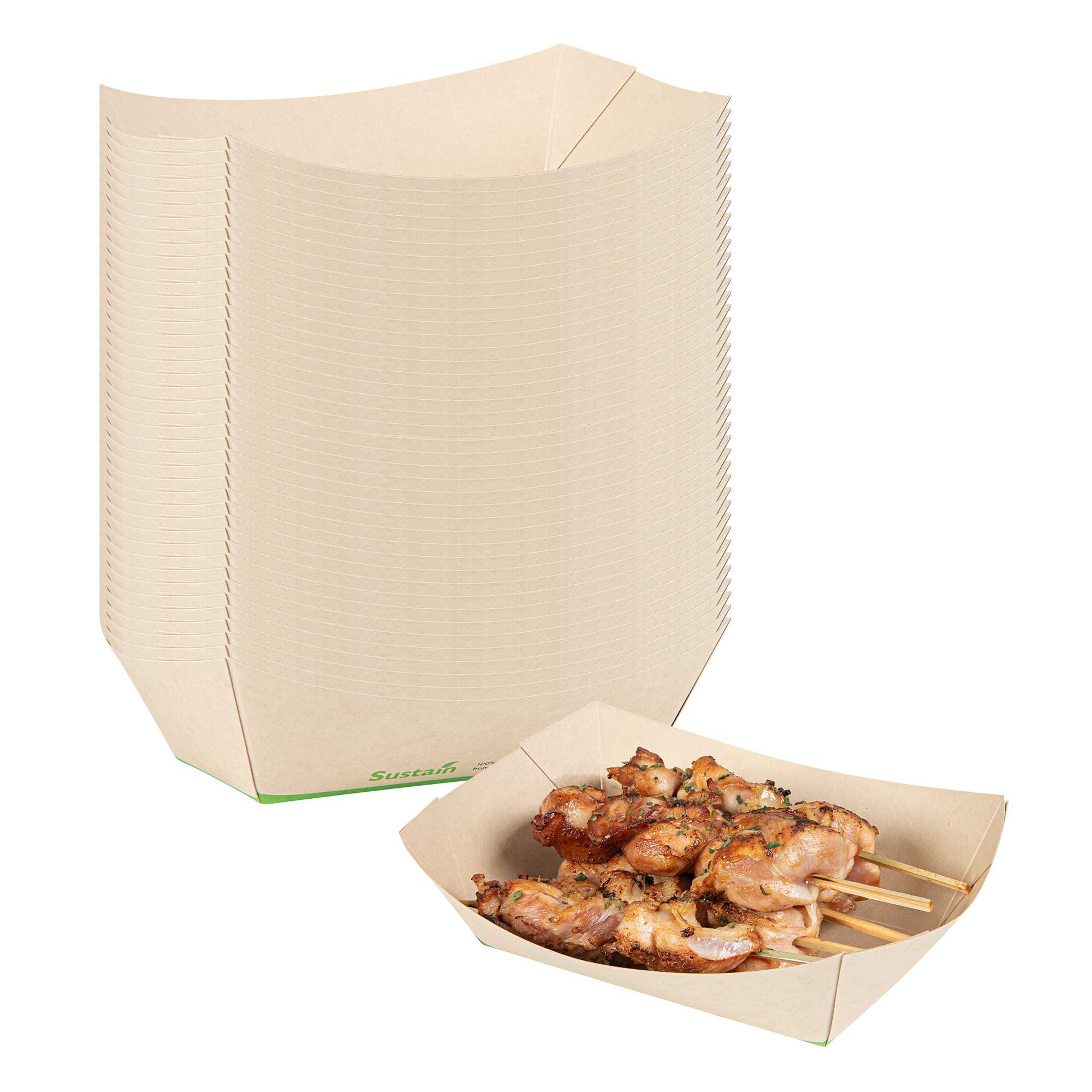Sustain 1 1/2 lb Bamboo Paper #300 Food Tray / Boat - with PLA Lining, Compostable - 7 1/2" x 5 3/4" x 2 1/4" - 200 count box