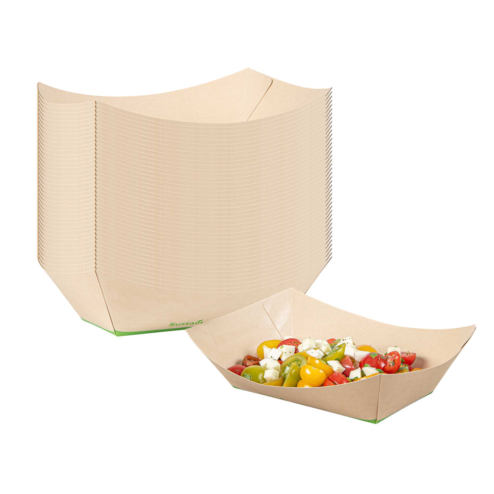 Sustain 2 1/2 lb Bamboo Paper #1000 Food Tray / Boat - with PLA Lining, Compostable - 9 1/4" x 7" x 3" - 200 count box