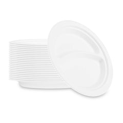 Pulp Safe No PFAS Added Round White Sugarcane / Bagasse Plate - 2 Compartments, Home Compostable - 8 3/4