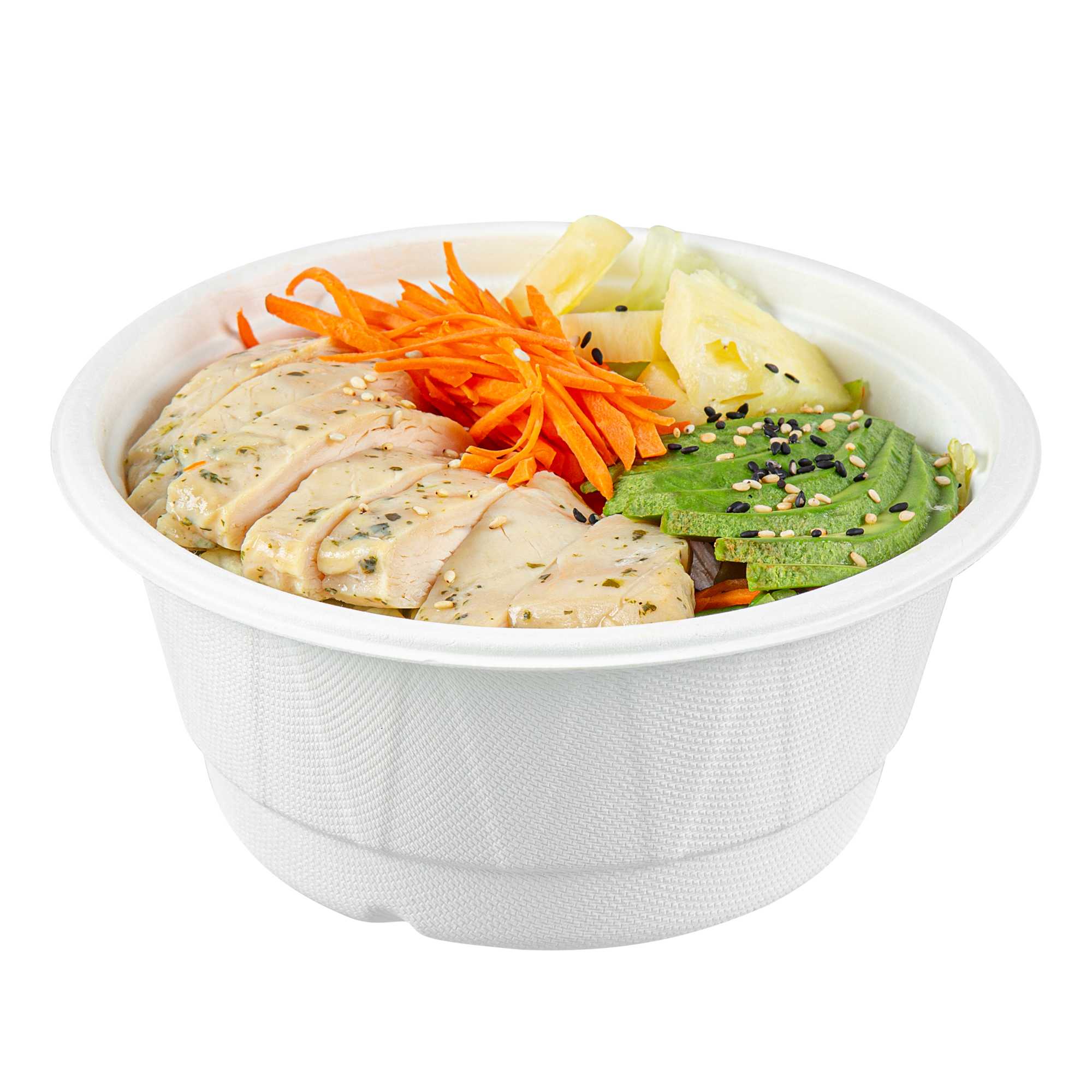 Pulp Safe No PFAS Added 29 oz Round White Bagasse Bowl - Home Compostable, Diamond Pattern - 6 1/4" × 6 1/4" × 2 3/4" - 400 Count Box
