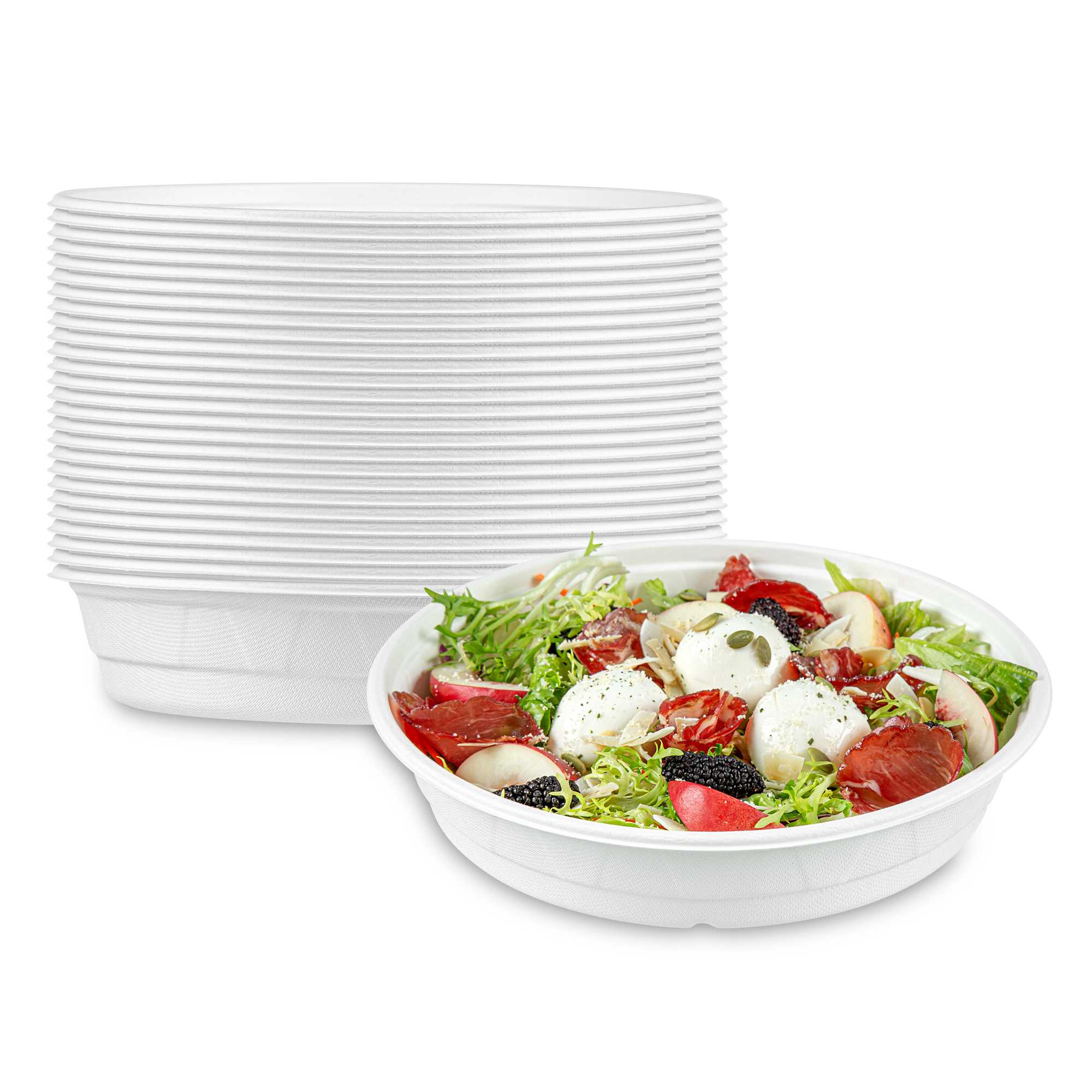 Pulp Safe No PFAS Added 50 oz Round White Sugarcane / Bagasse Bowl - Home Compostable - 10" × 10" × 2" - 200 Count Box