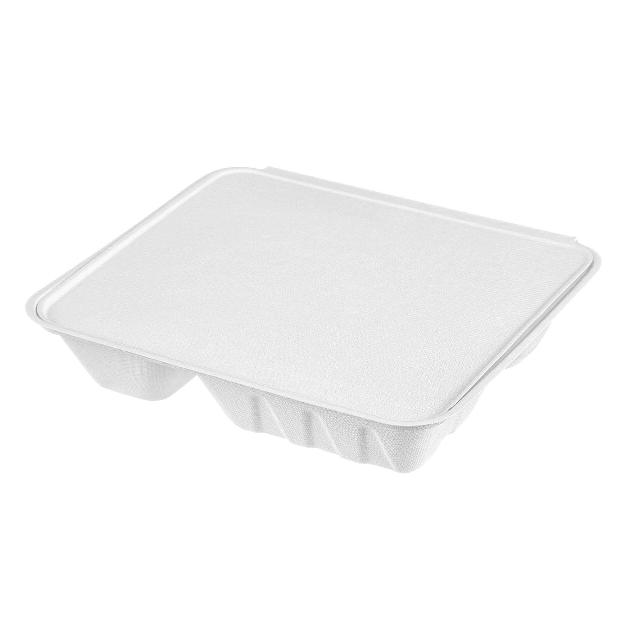 Pulp Safe No PFAS Added Rectangle White Bagasse Clamshell Container - 4 Compartments,Home Compostable - 9 3/4" × 7 1/2" × 2" - 200 Count Box