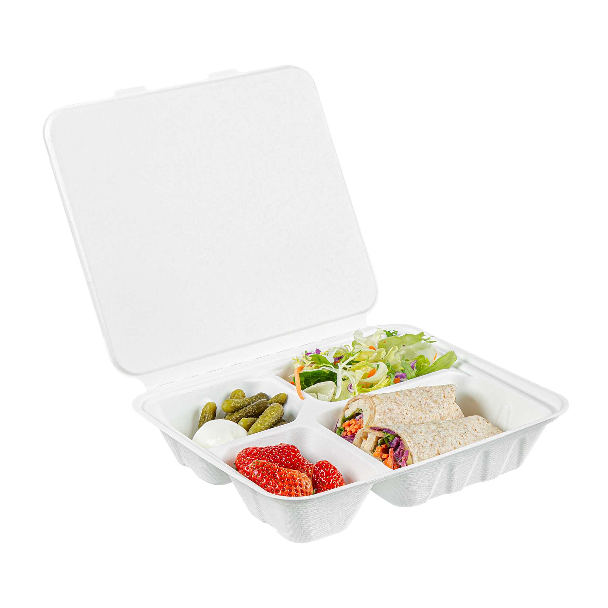 Pulp Safe No PFAS Added Rectangle White Bagasse Clamshell Container - 4 Compartments,Home Compostable - 9 3/4" × 7 1/2" × 2" - 200 Count Box