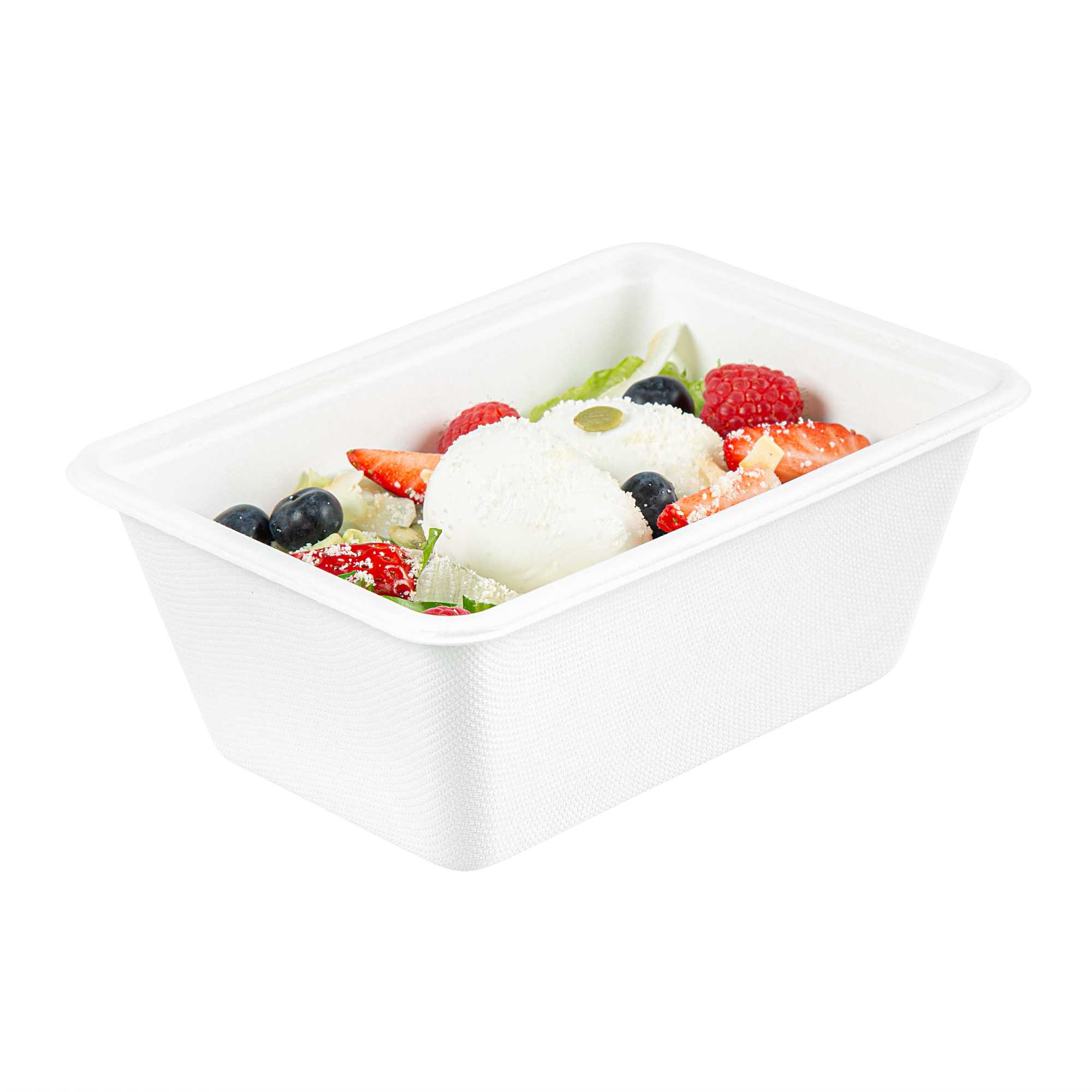 Pulp Safe No PFAS Added 34 oz Rectangle White Sugarcane / Bagasse Bowl - Home Compostable - 7" x 5" x 2 3/4" - 400 Count Box