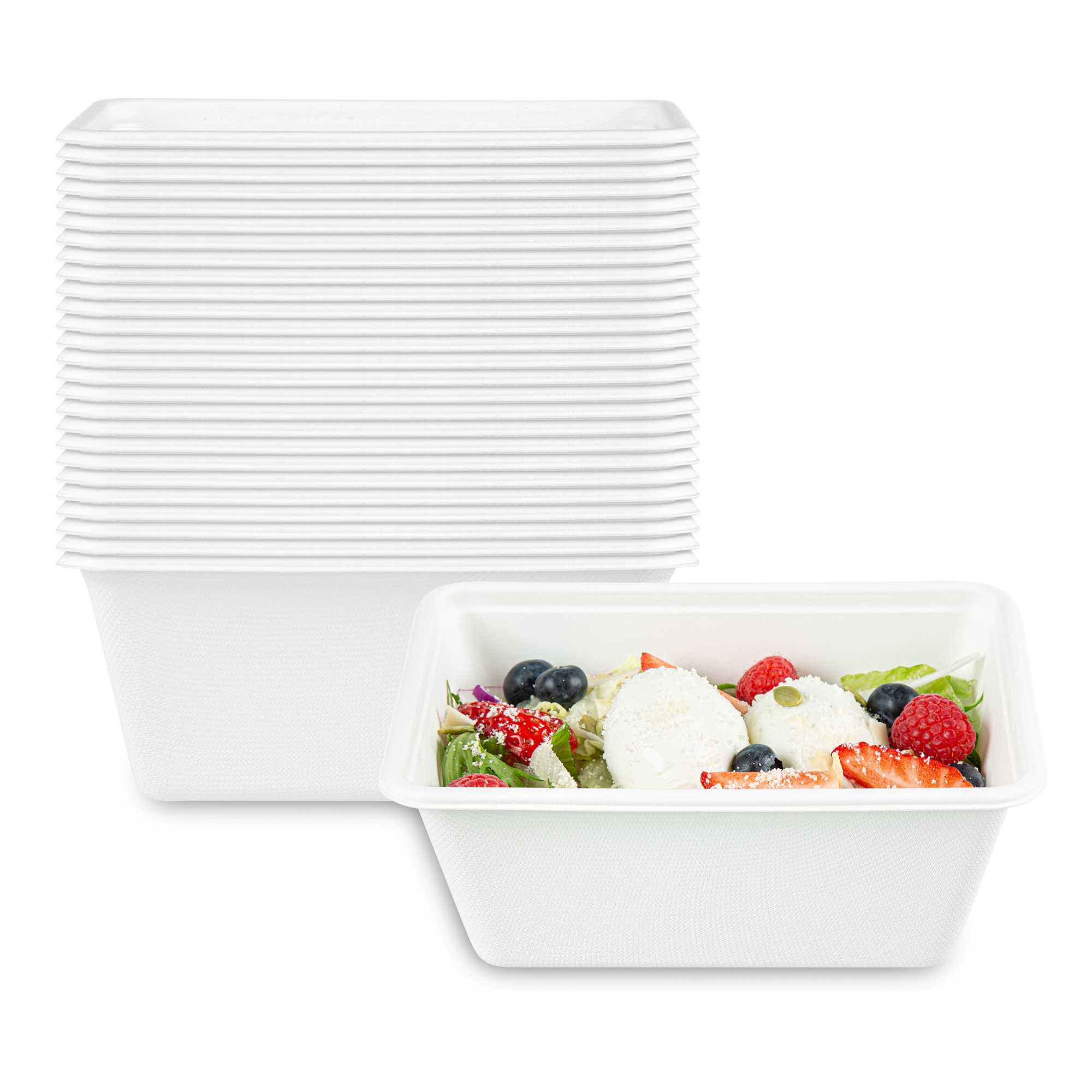 Pulp Safe No PFAS Added 34 oz Rectangle White Sugarcane / Bagasse Bowl - Home Compostable - 7" x 5" x 2 3/4" - 400 Count Box