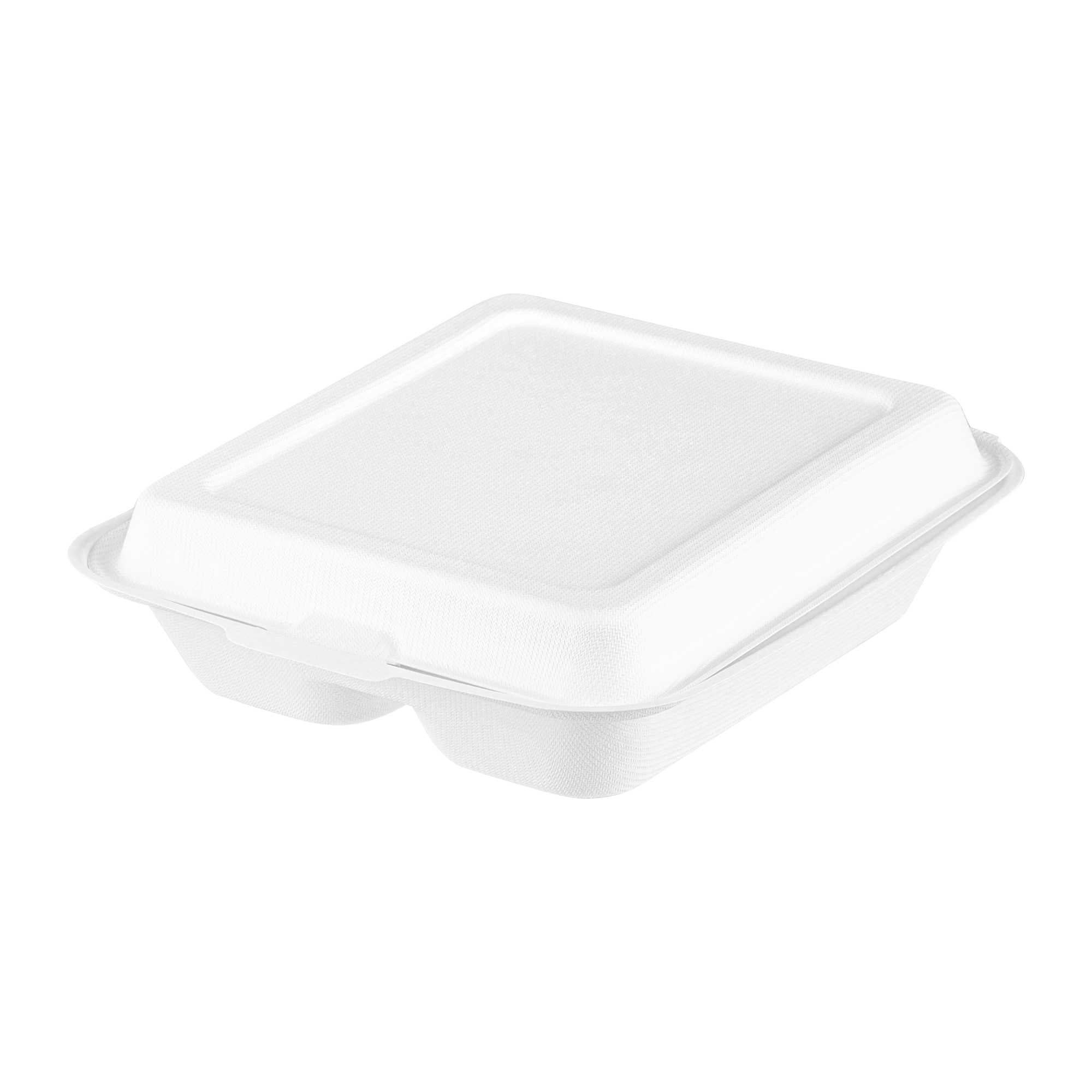 Pulp Safe No PFAS Added White Bagasse Clamshell Container - 2 Compartments, Home Compostable - 16 1/2" × 7 1/2" × 1 3/4" - 200 Count Box