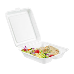 Pulp Safe No PFAS Added White Bagasse Clamshell Container - 2 Compartments, Home Compostable - 16 1/2
