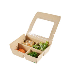 Bio Tek 28 oz Rectangle Kraft Paperboard Bento Box - with PET Window, 4 Compartments - 7