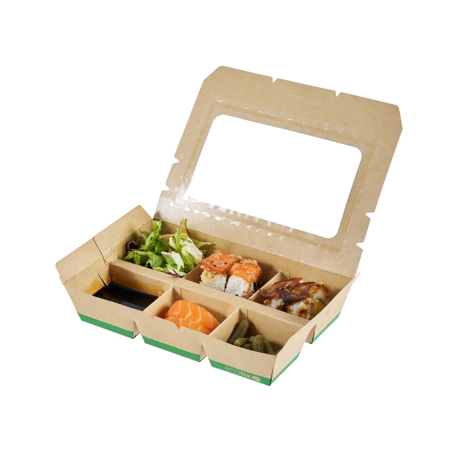 Eco Tek 23 oz Rectangle Kraft Paperboard Bento Box - with PLA Window, 6 Compartments, Compostable - 8 1/4" x 5 1/4" x 1 3/4" - 200 count box