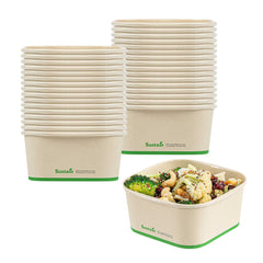 Sustain 22 oz Square Bamboo Paper Take Out Container - with PLA Lining, Compostable - 50 count box