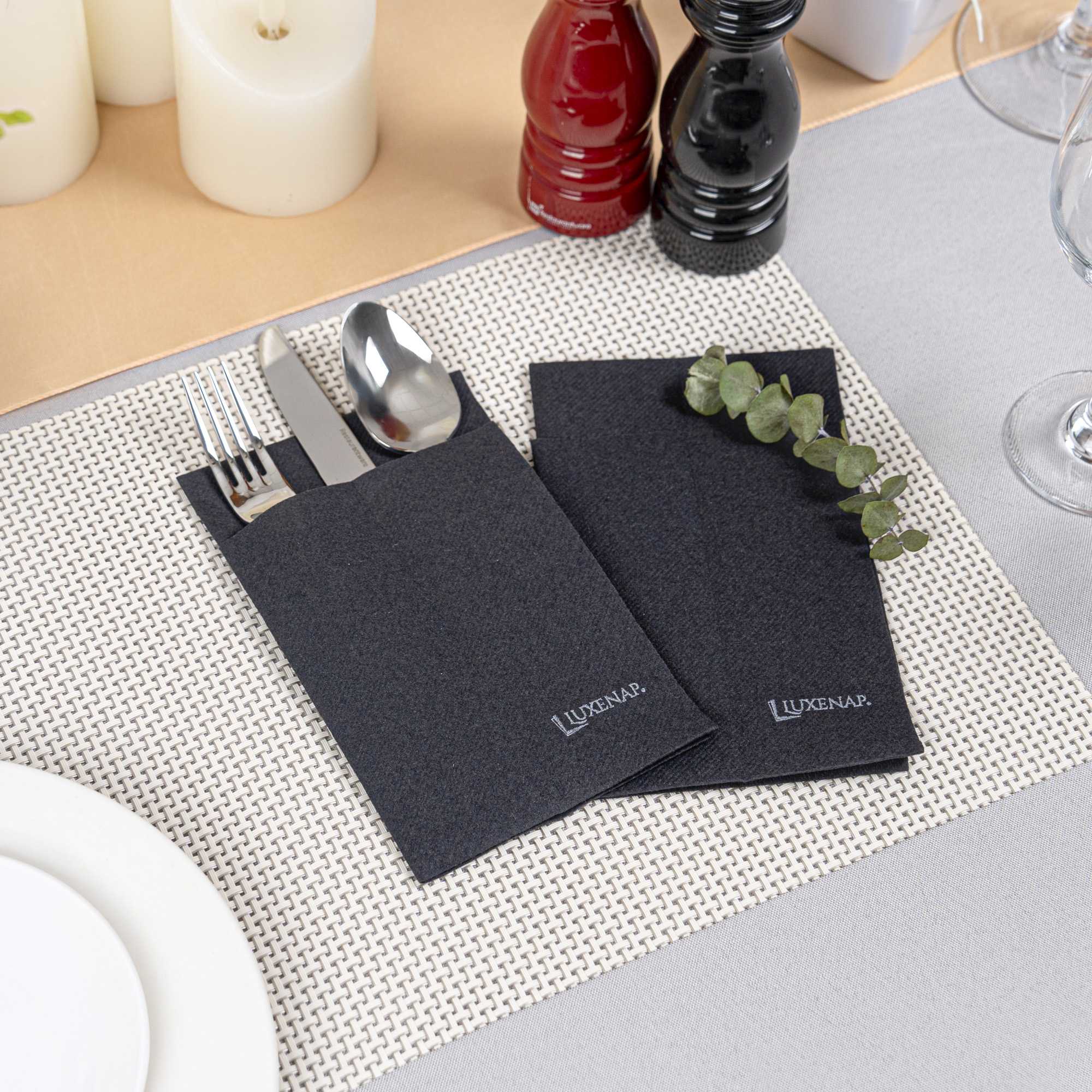Luxenap Black Paper Linen-Feel Dinner Napkin - Air Laid, Kangaroo - 15 3/4" x 9 1/2" - 2000 count box