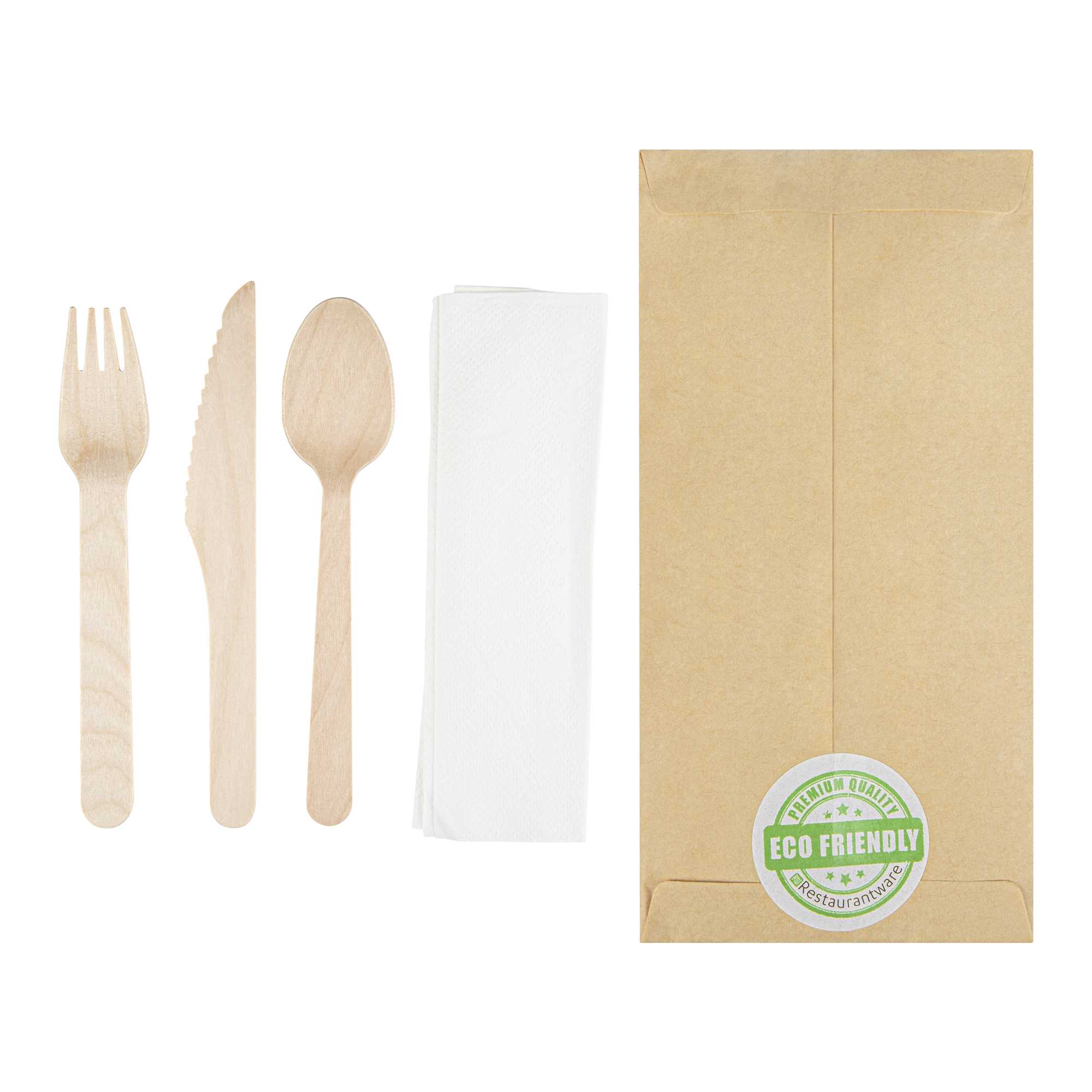 Eco Luxe Natural Wood Cutlery Set - with Napkin and Paper Pouch - 7" x 3 1/2" - 100 count box