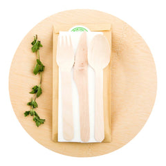 Eco Luxe Natural Wood Cutlery Set - with Napkin and Paper Pouch - 7