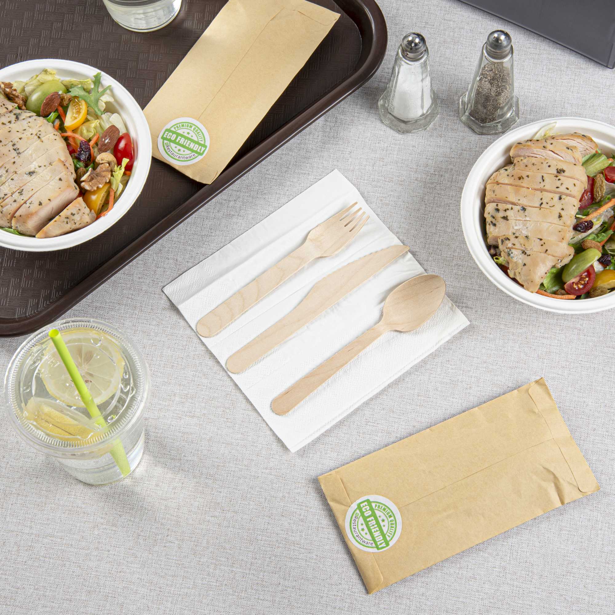 Eco Luxe Natural Wood Cutlery Set - with Napkin and Paper Pouch - 7" x 3 1/2" - 100 count box