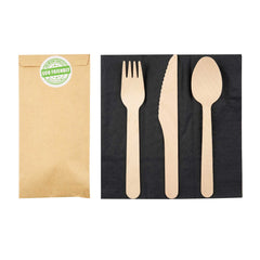 Eco Luxe Natural Wood Cutlery Set - with Black Napkin and Paper Pouch - 7