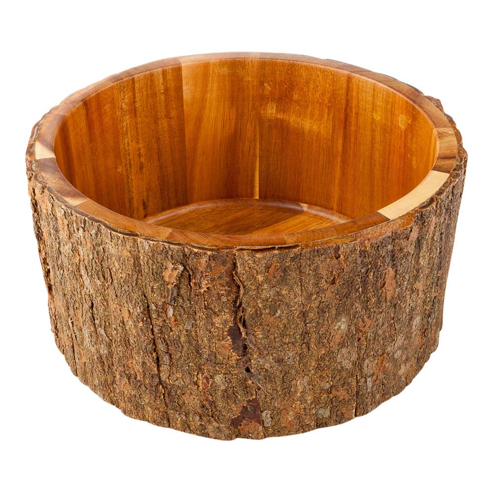 Bio Tek 140 oz Round Natural Acacia Serving Bowl - Varnished, Bark Edges - 10" x 10" x 5" - 1 count box