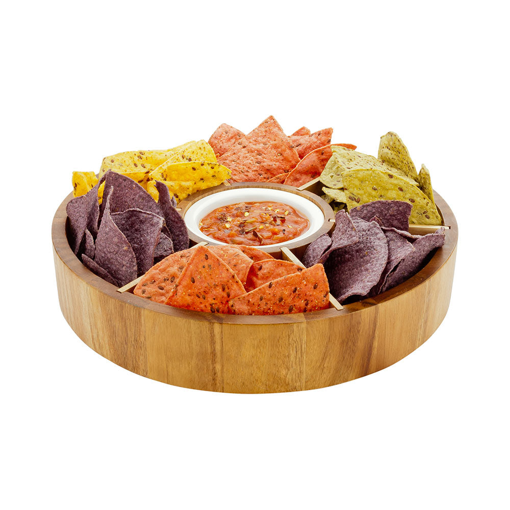 Eco Display Aperitivo Round Natural Acacia Chip and Dip Plate - 6 Compartments, Porcelain Bowl - 12" x 12" x 1 1/2" - 1 count box