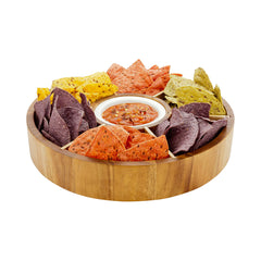 Aperitivo Round Natural Acacia Chip and Dip Plate - 6 Compartments, Porcelain Bowl - 12