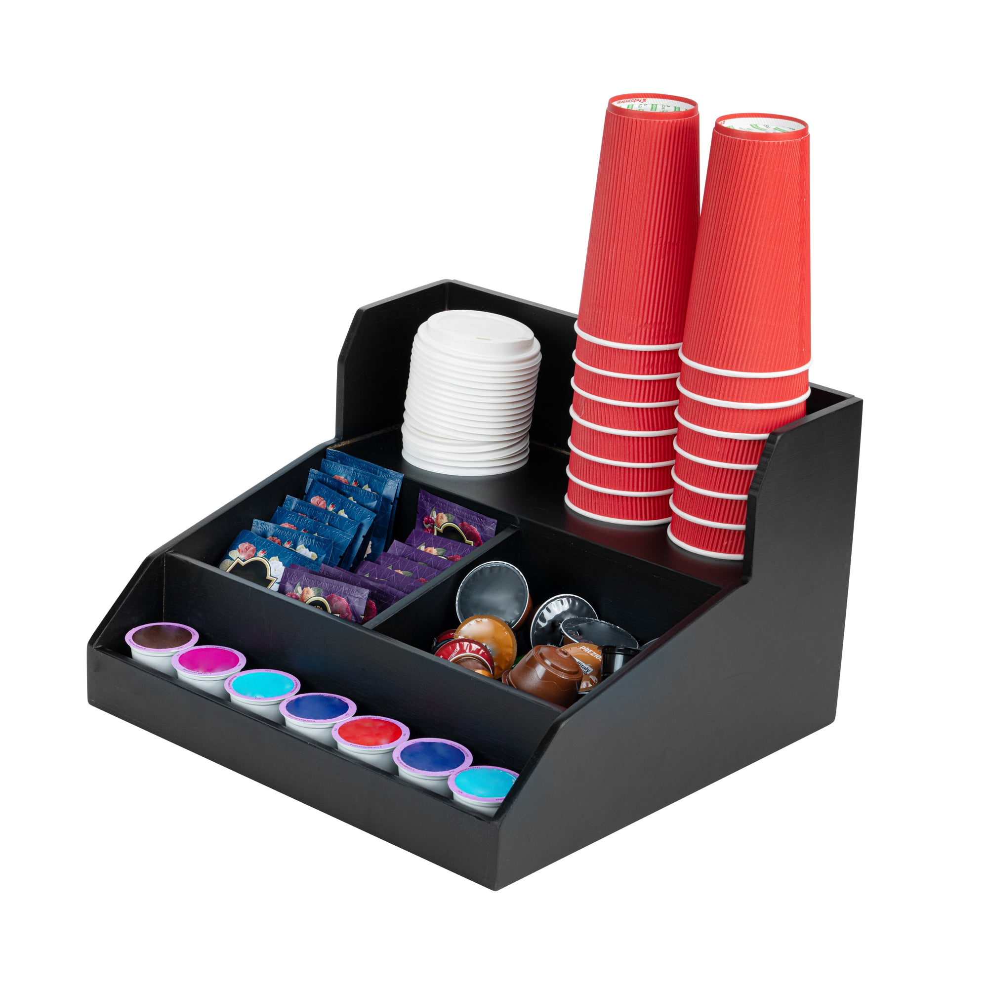 Restpresso Black Bamboo Condiment / Coffee Cup / Lid Organizer - 15" x 14 1/4" x 9 1/4" - 1 count box