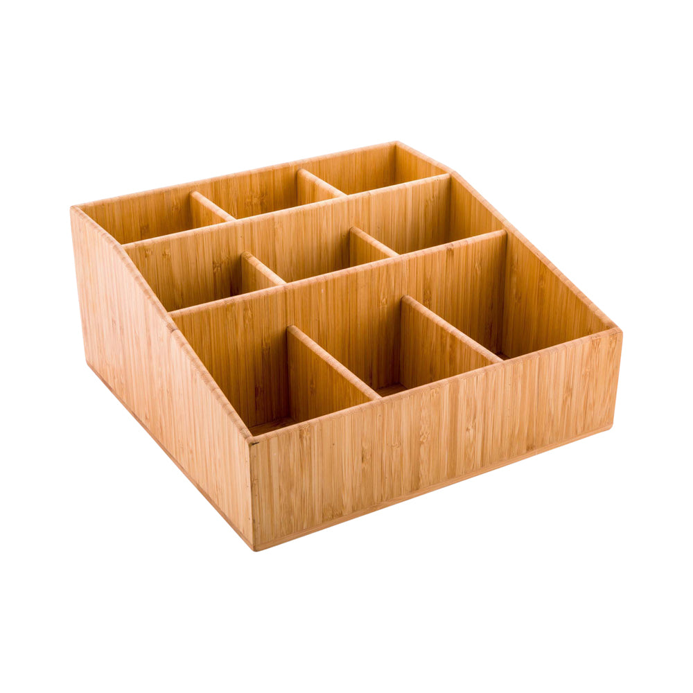 Bambuddha Square Natural Bamboo Condiment Organizer - 9 Compartments - 11 3/4" x 11 3/4" x 5 1/2" - 1 count box