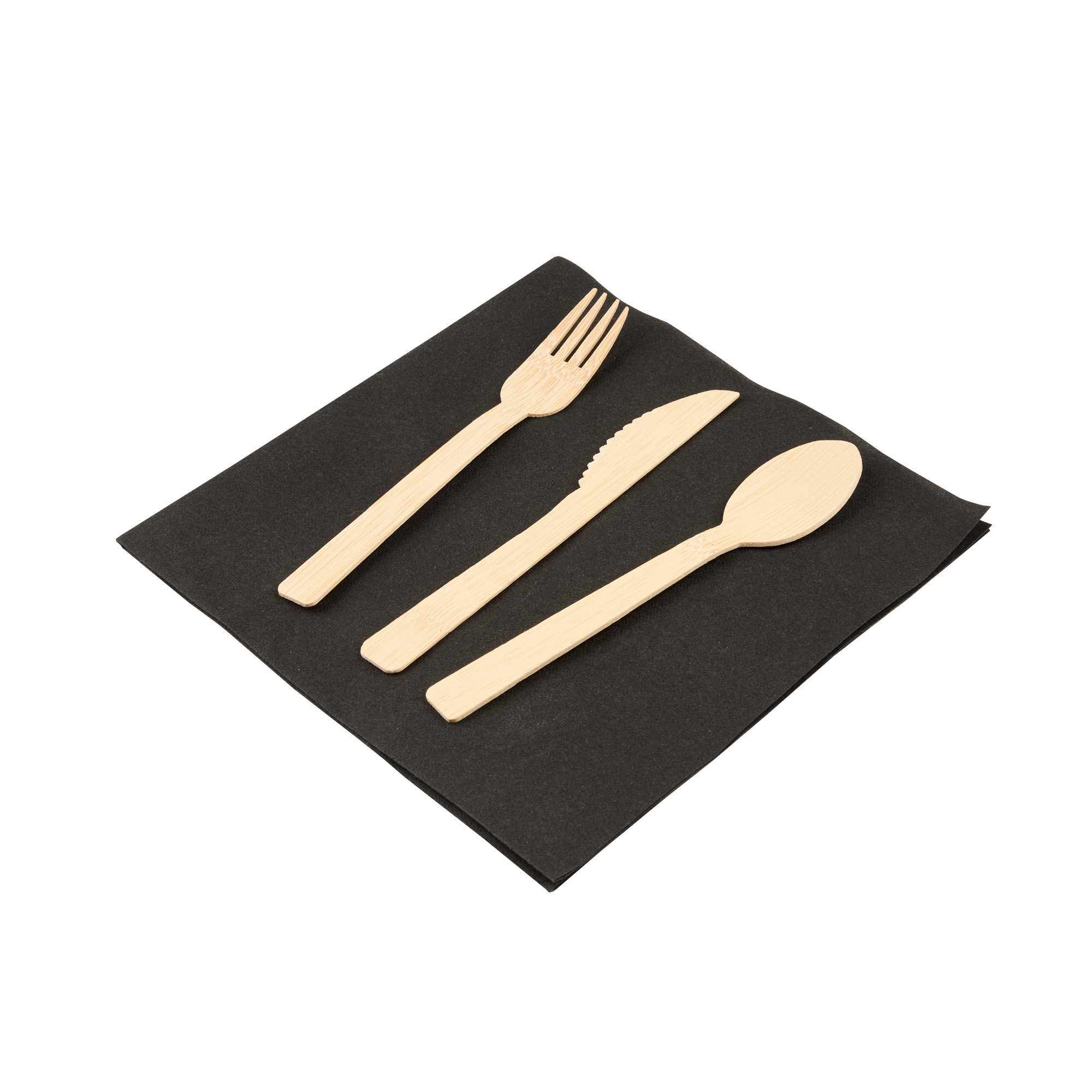 Eco Luxe Natural Bamboo Flatware Set - with Black Napkin - 6 3/4" x 3 1/4" x 3/4" - 500 count box