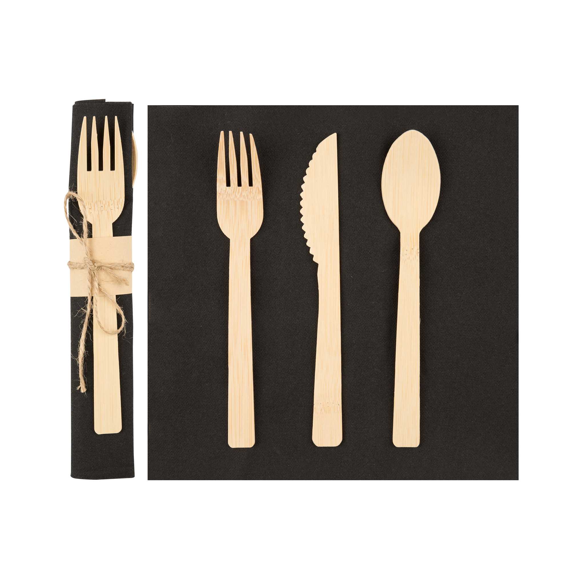 Eco Luxe Natural Bamboo Flatware Set - with Black Napkin - 6 3/4" x 3 1/4" x 3/4" - 500 count box