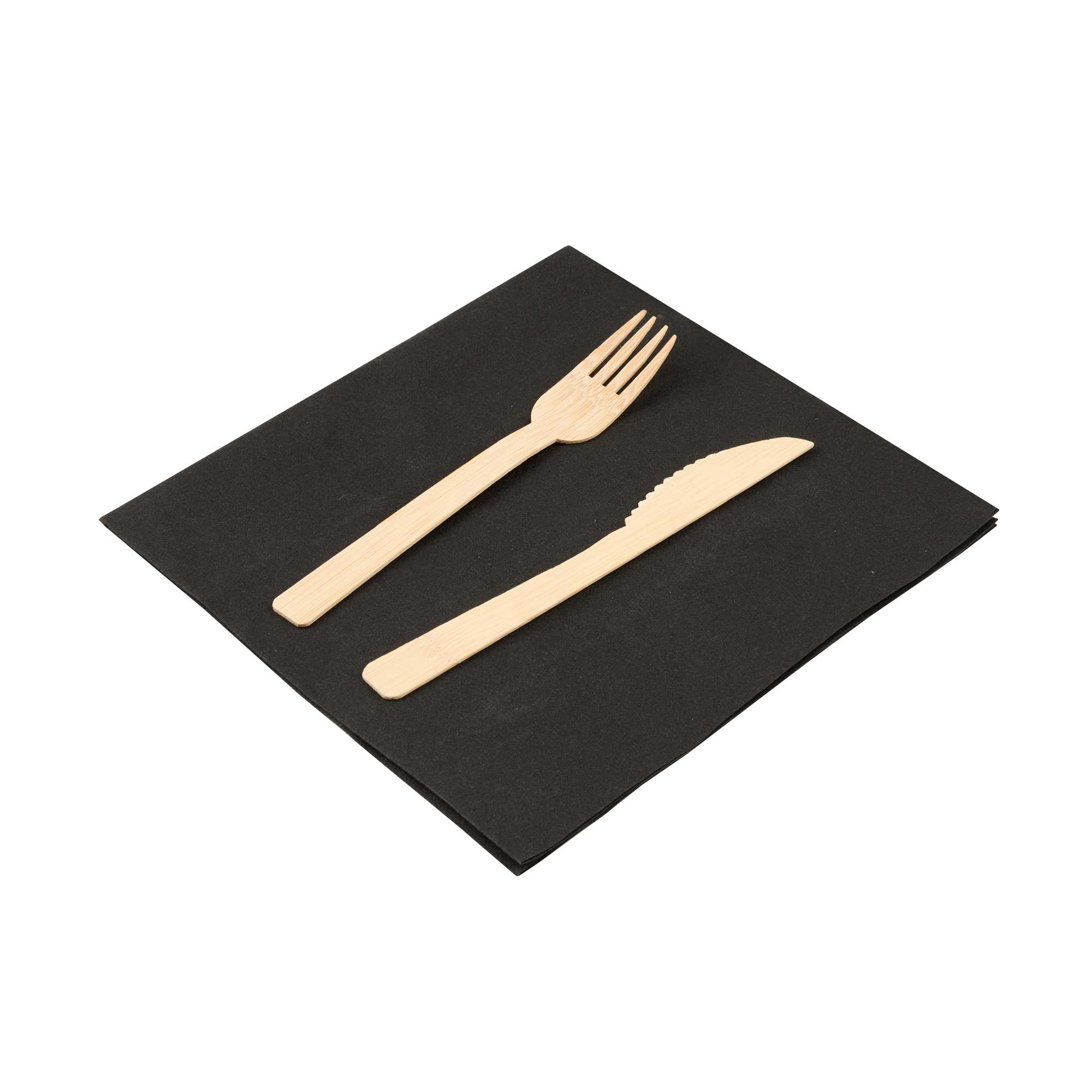 Eco Luxe Natural Bamboo Fork / Knife Set - with Black Napkin - 6 3/4" x 3 1/4" x 3/4" - 500 count box