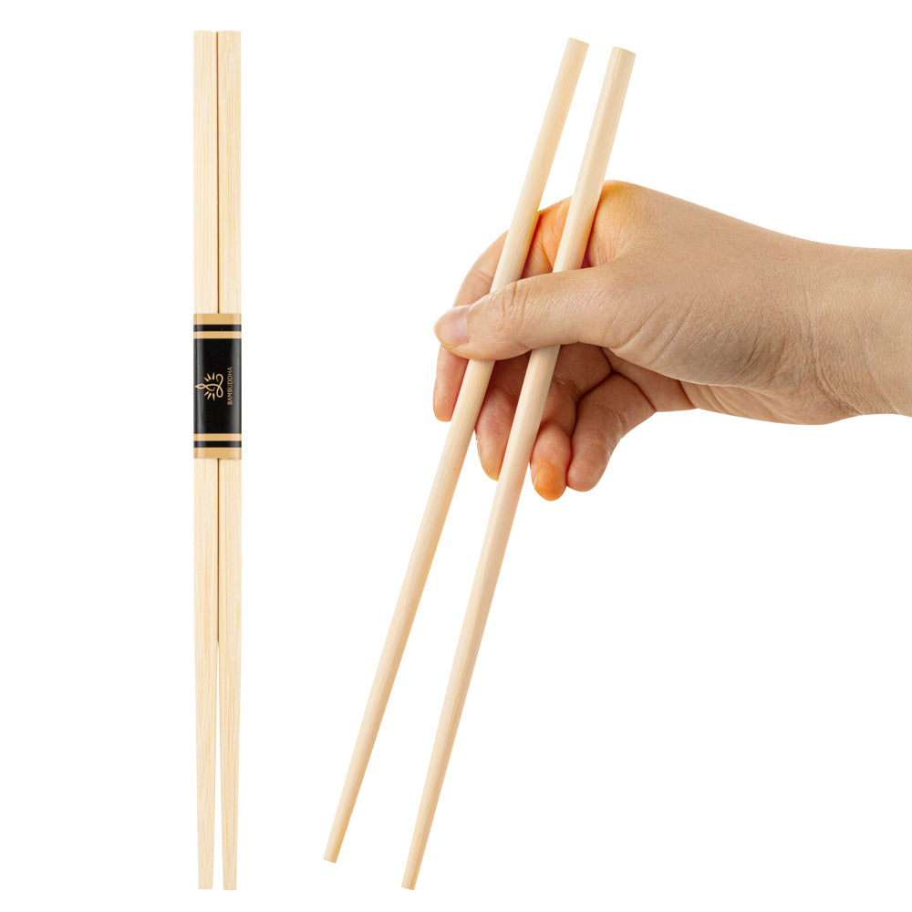 Bambuddha Round Square Natural Bamboo Modern Chopsticks - with Paper Band - 9 1/2" - 100 count box