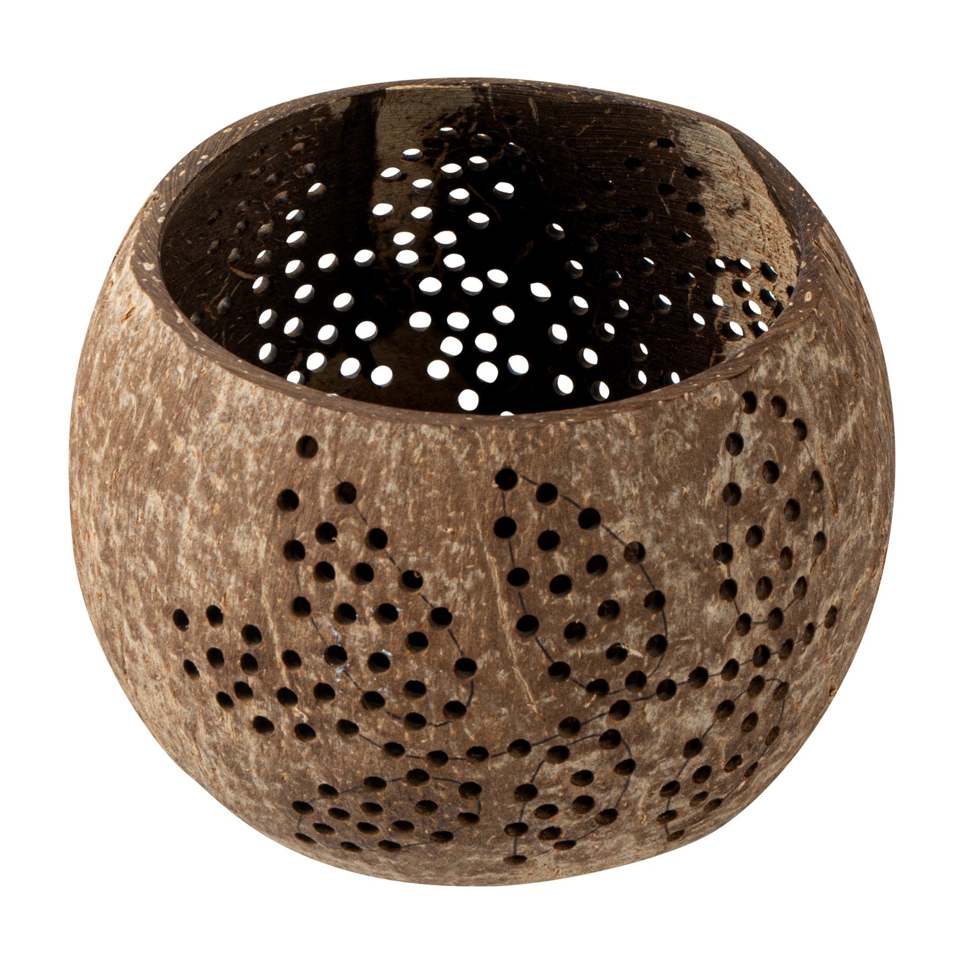 Coco Casa Brown Handmade Coconut Shell Candle Holder - Leaf Pattern - 4" x 4" x 3 1/4" - 10 count box
