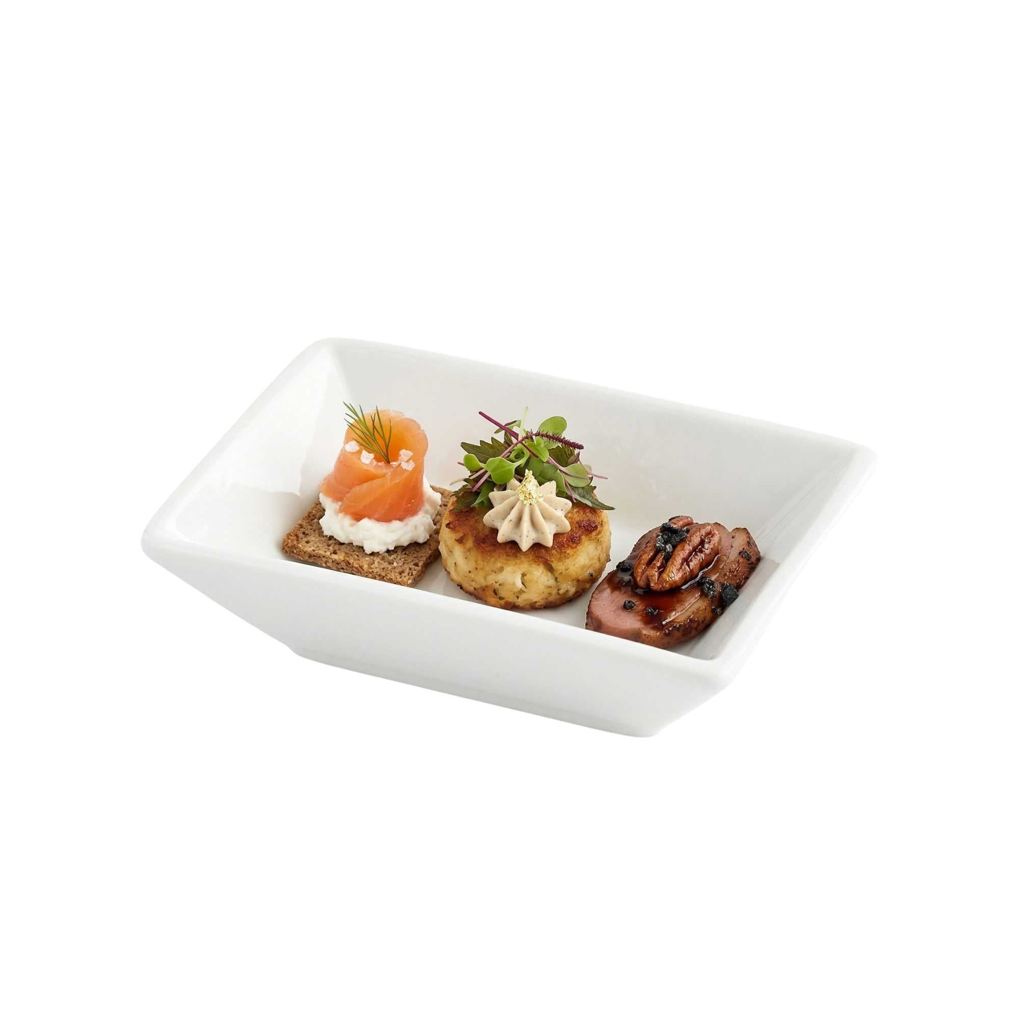 Chef 101 Rectangle White Porcelain Mini Modern Plate - 4" x 2 3/4" x 1" - 10 count box