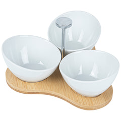 15 oz Rectangle White Porcelain Incline Bowl Set - 3 Bowls, Bamboo Tray - 8 3/4