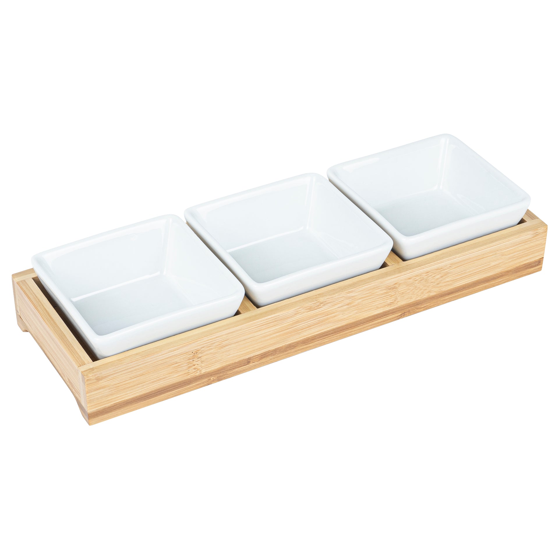 Chef 101 6 oz Rectangle White Porcelain Modern Bowl Set - 3 Bowls, Bamboo Tray - 11 3/4" x 4 1/4" x 2" - 1 count box
