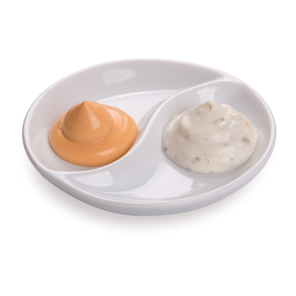 Chef 101 Round White Porcelain Mini Yin Yang Sauce Plate - 3 1/2" x 3 1/2" x 1/2" - 10 count box