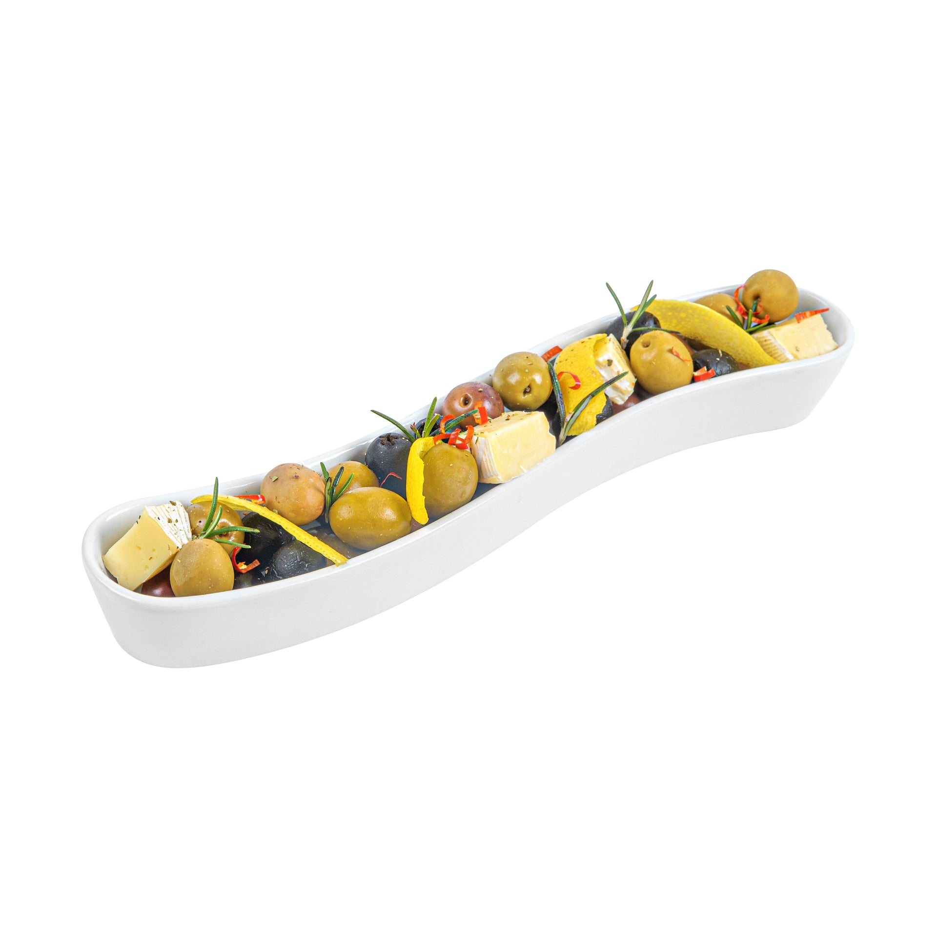 Chef 101 Swerve 10 oz Curved White Porcelain Olive Plate - 12" x 2 1/2" x 1 1/2" - 1 count box