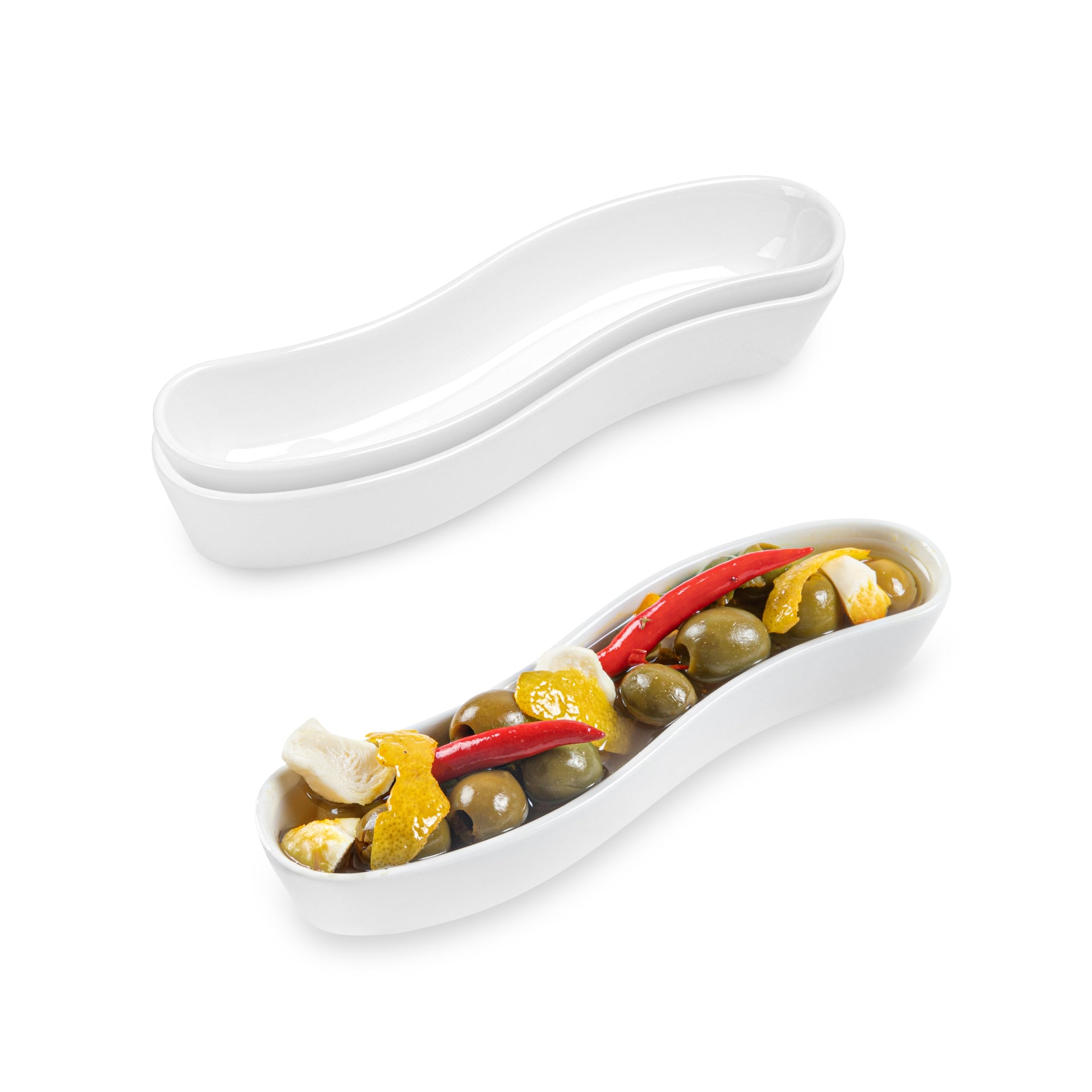 Chef 101 Swerve 6 oz Curved White Porcelain Olive Plate - 8 3/4" x 2 1/4" x 1 1/2" - 1 count box