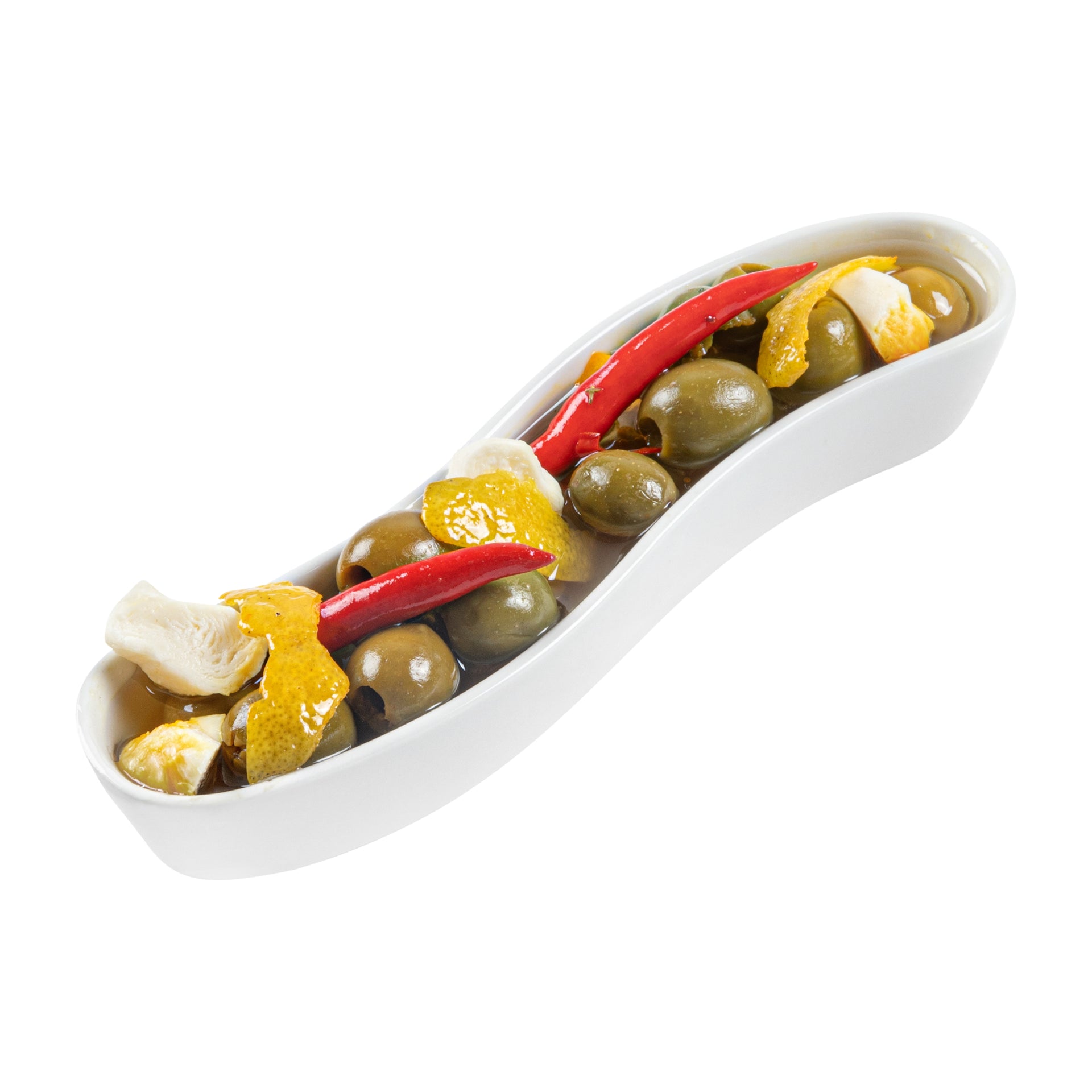 Chef 101 Swerve 6 oz Curved White Porcelain Olive Plate - 8 3/4" x 2 1/4" x 1 1/2" - 1 count box