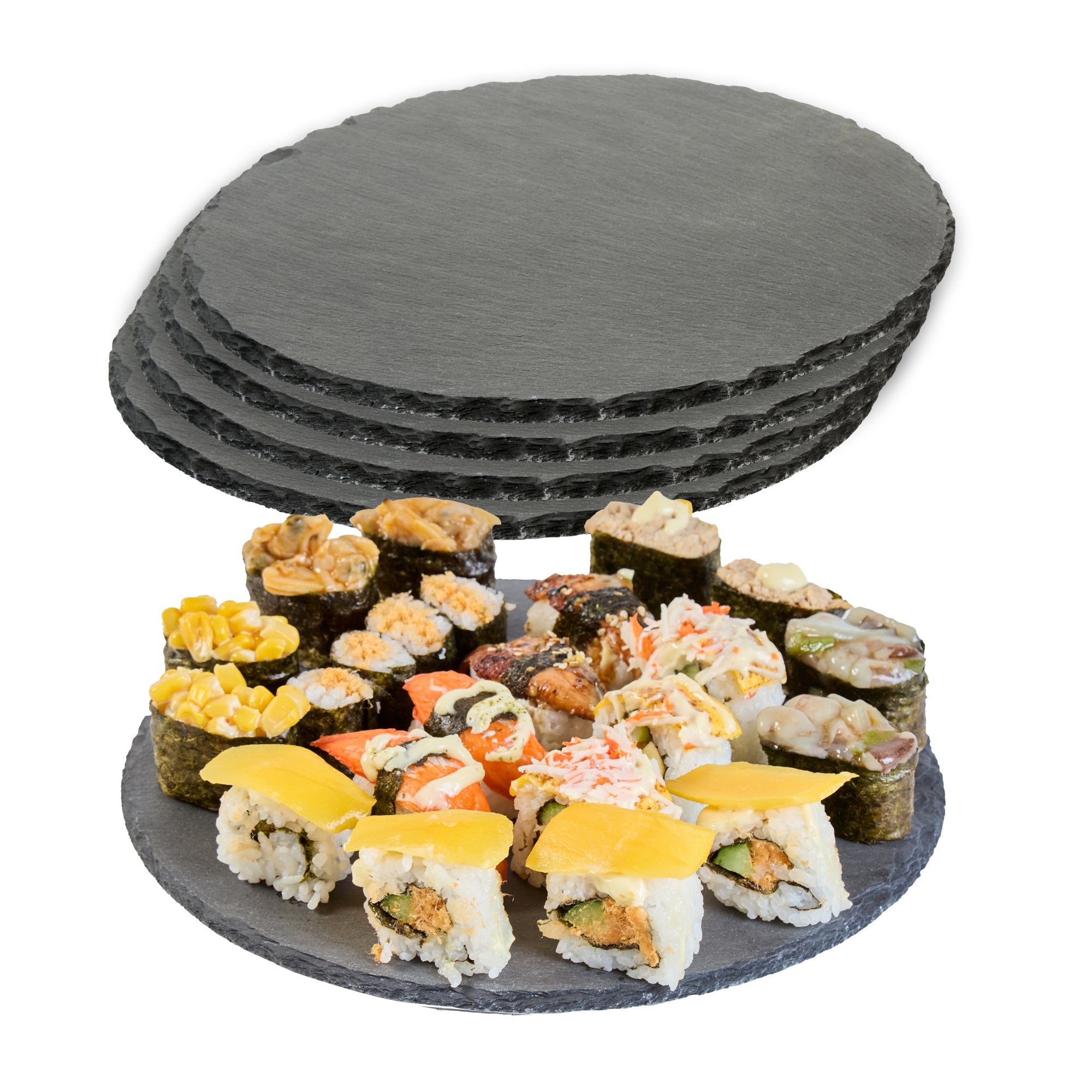 Stone Tek Round Black Slate Serving Plate - 9 3/4" x 9 3/4" - 4 count box