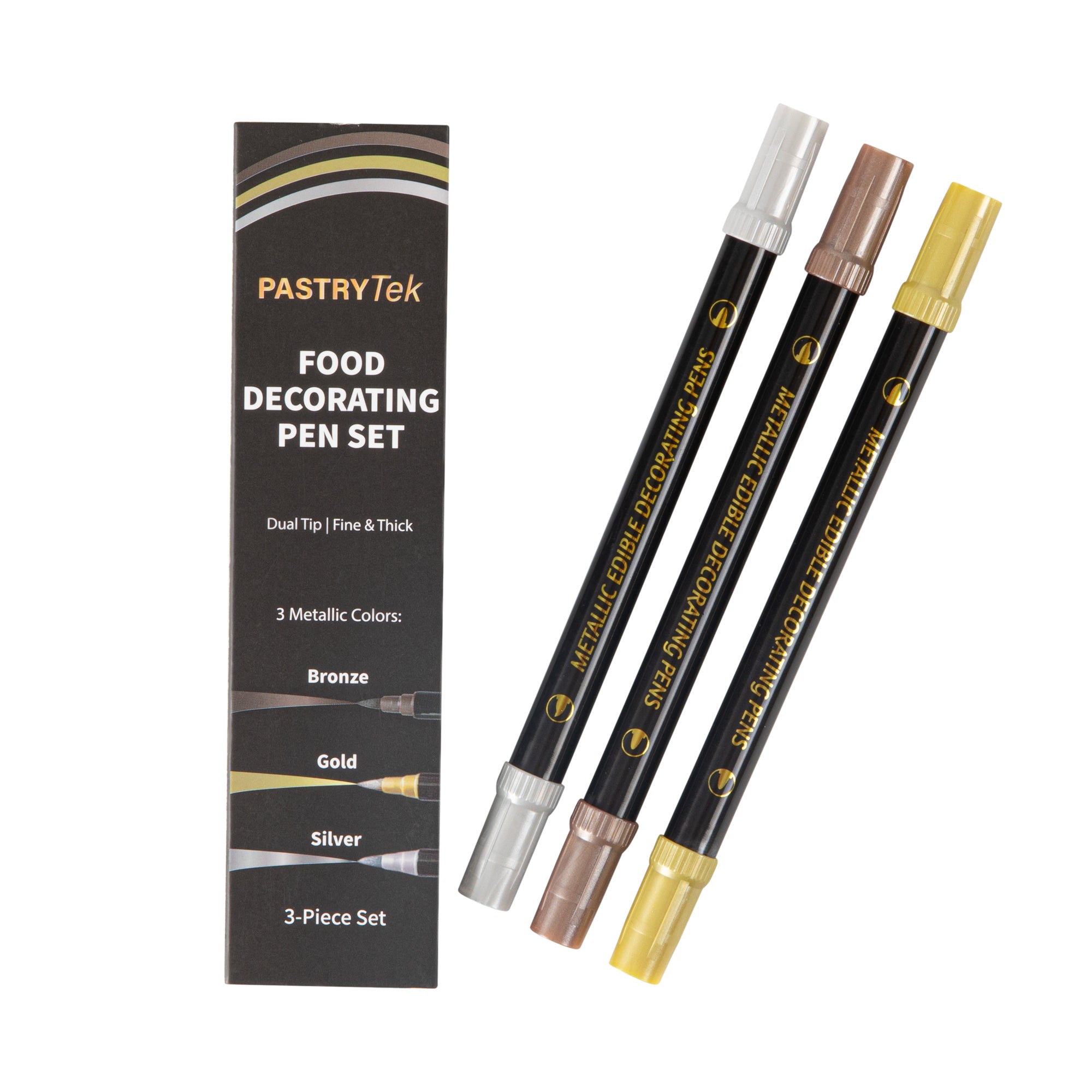 Pastry Tek Dual-Tip Metallic 3 Color Food Decorating Pen Set - 1 count box