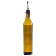 RW Base 17 oz Amber Glass Olive Oil Dispenser - with Stainless Steel Pourers - 3 1/4