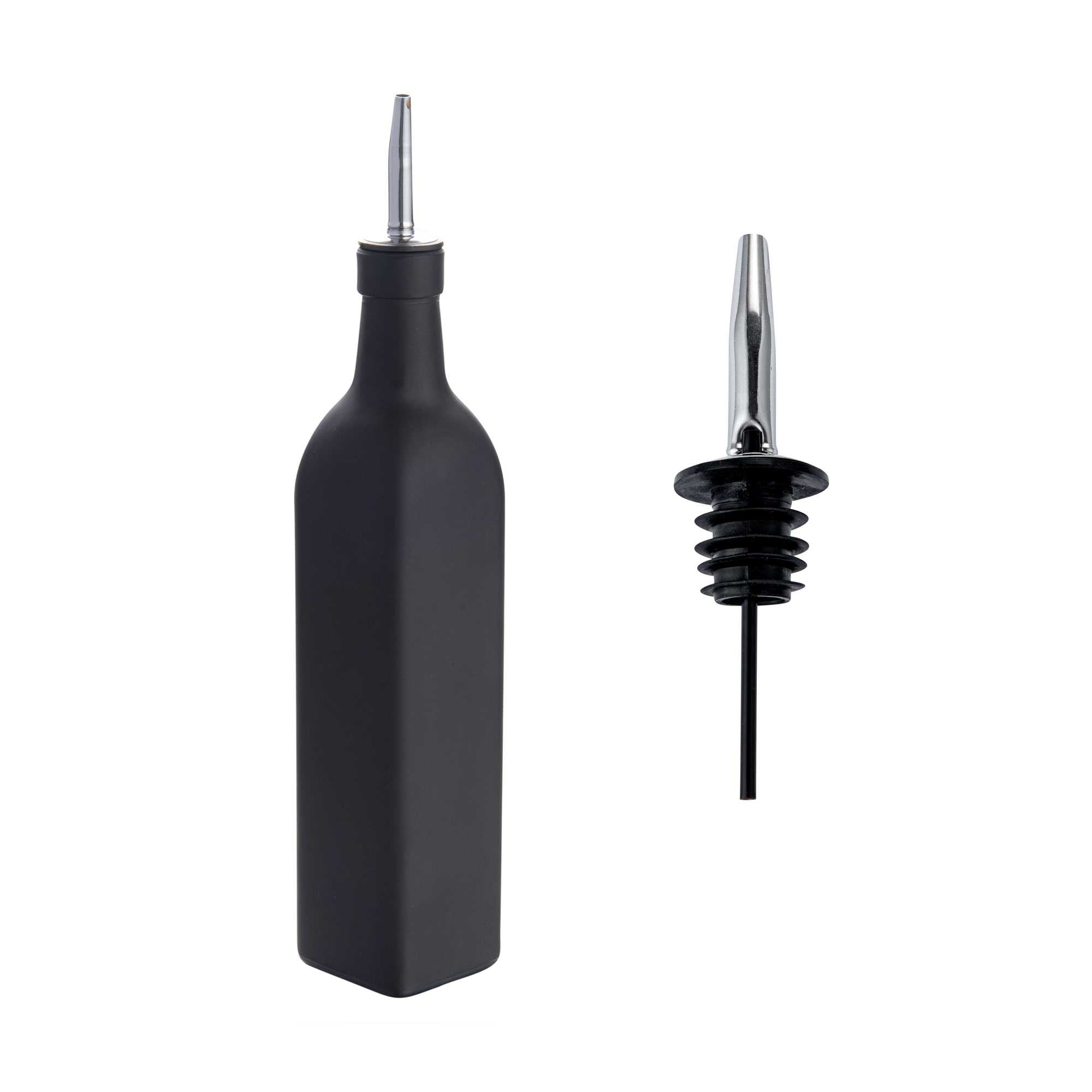 Chef 101 17 oz Black Glass Olive Oil Dispenser - with Stainless Steel Pourer, Funnel Kit - 2 1/4" x 2 1/4" x 12 1/2" - 1 count box
