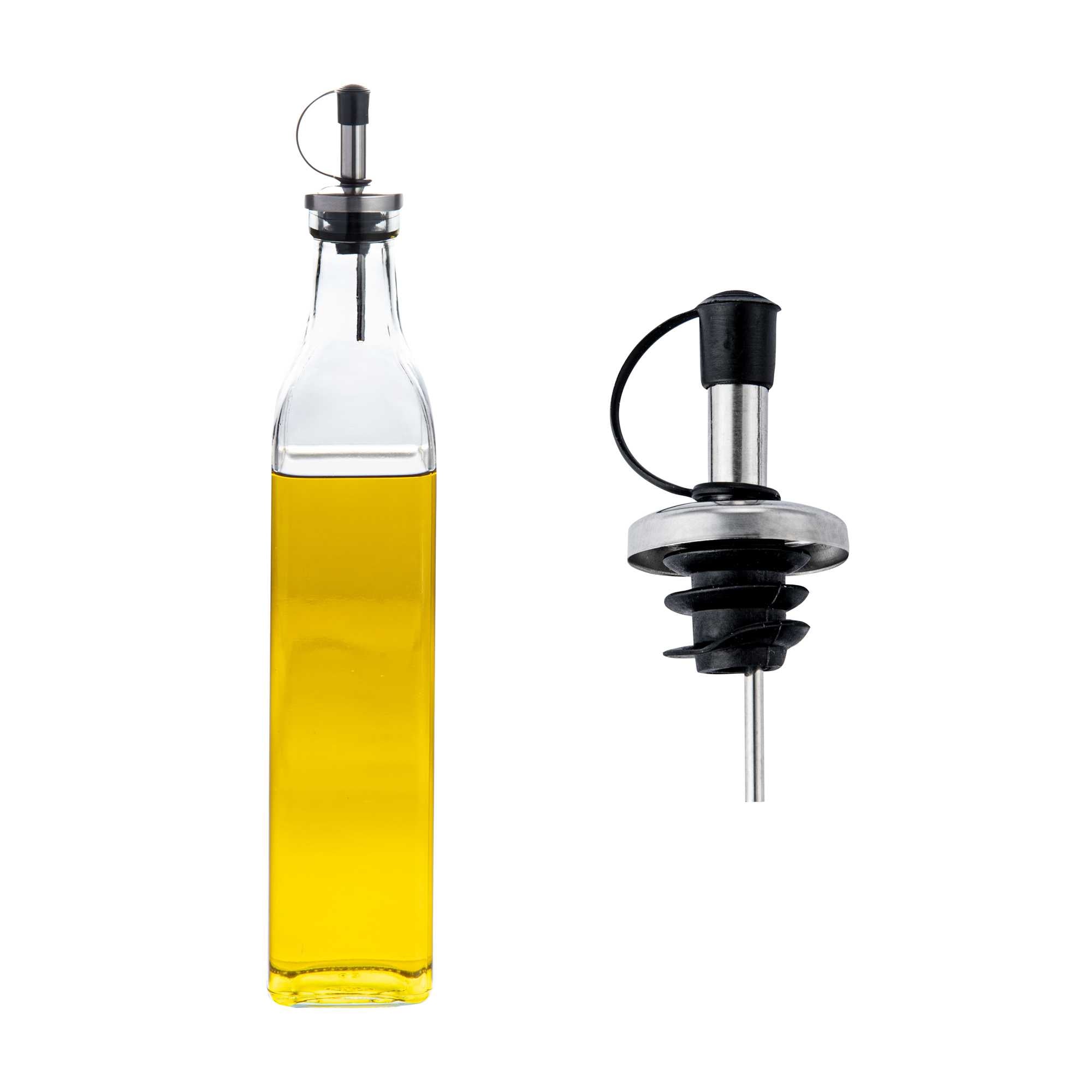 Chef 101 17 oz Glass Olive Oil Dispenser - with Stopper Spout, Funnel Kit - 2 1/4" x 2 1/4" x 12 1/2" - 1 count box
