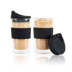 Forma Professional 12 oz Glass Travel Mug - Double Wall, Borosilicate, with Black Lid and Sleeve - 10 count box