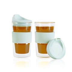 Forma Professional 12 oz Glass Travel Mug - Double Wall, Borosilicate, with Mint Green Lid and Sleeve - 10 count box