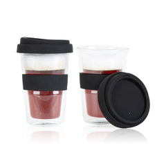 Forma Professional 14 oz Glass Travel Mug - Double Wall, Borosilicate, with Black Lid and Sleeve - 10 count box