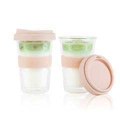 Forma Professional 14 oz Glass Travel Mug - Double Wall, Borosilicate, with Tan Lid and Sleeve - 10 count box