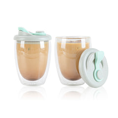 Forma Professional 12 oz Glass Travel Mug - Double Wall, Borosilicate, with Gray and Green Lid - 1 count box