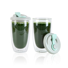 Forma Professional 15 oz Glass Travel Mug - Double Wall, Borosilicate, with Gray and Green Lid - 10 count box