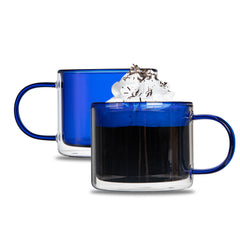 Forma Professional 11 oz Blue Glass Coffee Mug - Double Wall, Borosilicate, with Handle - 3 1/2